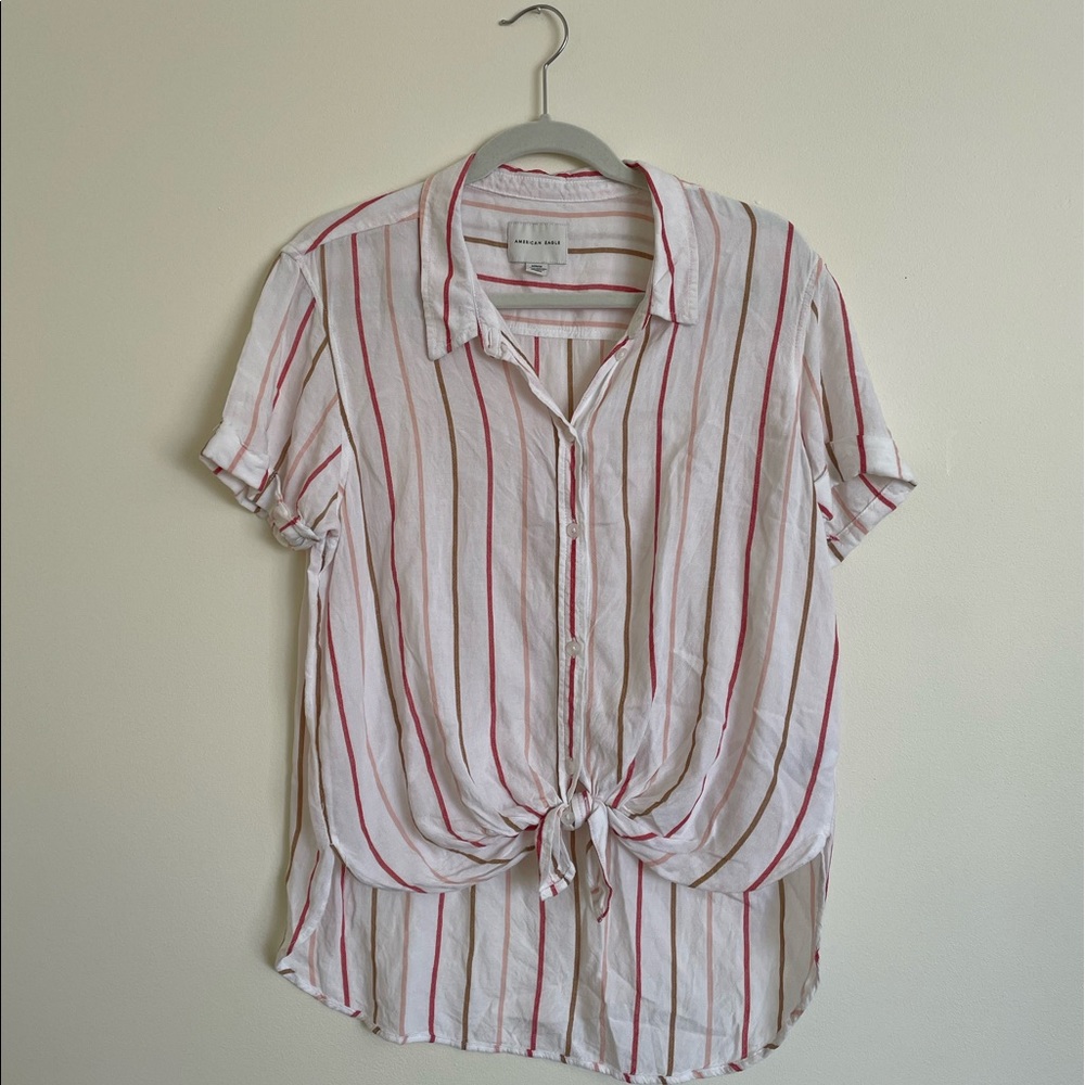 American Eagle Striped Short Sleeve Button-Up